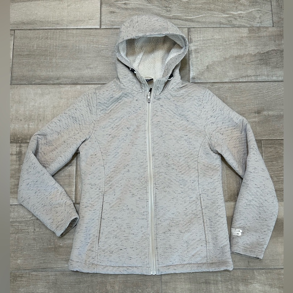 New Balance Quilted Full Zip Up Jacket Womens Sz M White Gray Fleece Lined Hood